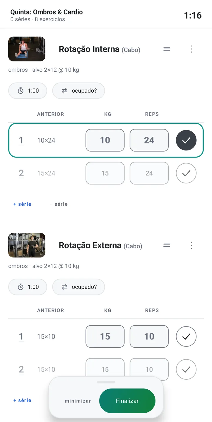 Treino em andamento na Rotação Interna e na Rotação Externa: ao lado de cada série, a carga
              e as repetições da última vez — 10×24 e 15×24, 15×10 e 15×10 —, e o botão Finalizar.